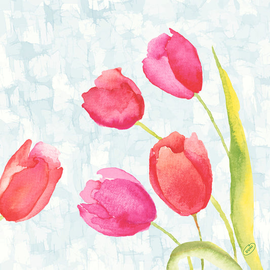 Aquarell-Illustration von fünf rosa Tulpen mit grünen Stielen auf hellblauem und weißem Hintergrund, ideal für Duni GmbH Serv.40x40 4lg Klassik Painted Tulips 50P. | Packung (50 Stück) Servietten.