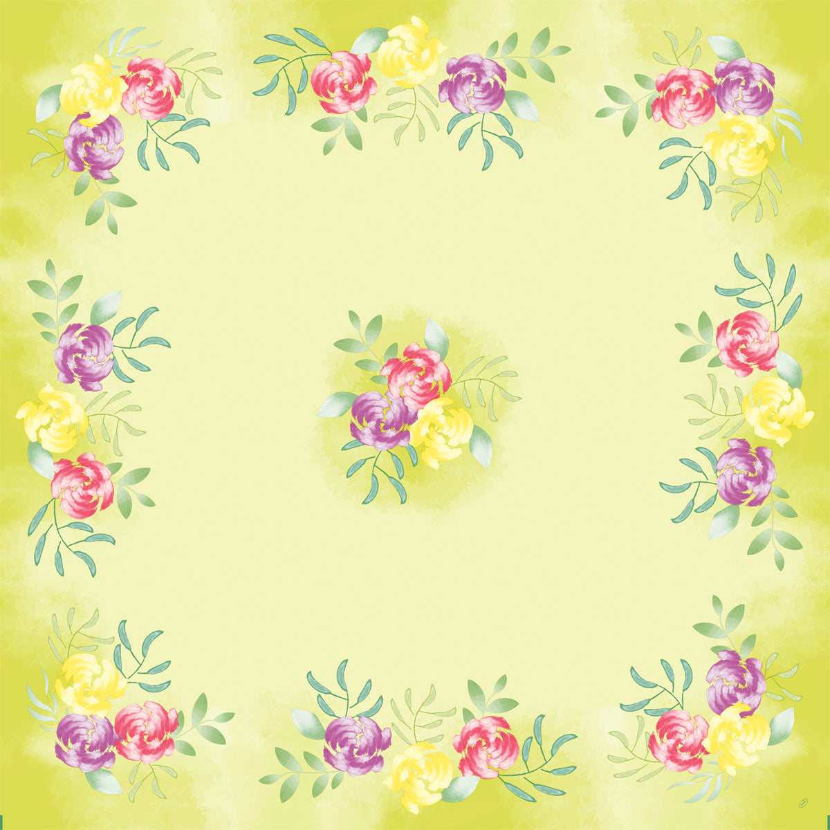 Quadratisches Dunicel-Mitteld.84x84cm Die Serviette Soft Tropics von Duni GmbH hat einen hellgelben Grundton mit Blumen im Aquarell-Stil und grünen Blättern in den Ecken und in der Mitte, wobei die Mitte weitgehend leer bleibt - ideal für tropische Themen. Packung: 20 Stück.