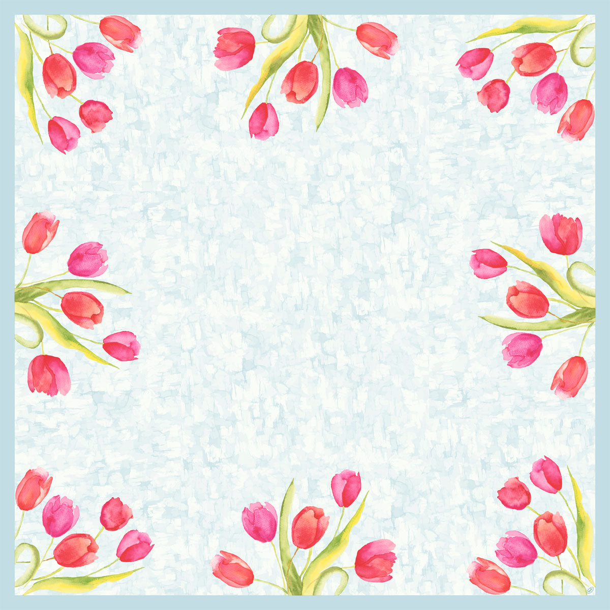 Das Dunicel-Mitteld. 84x84cm Painted Tulips von Duni GmbH zeigt rosa und rote Aquarelltulpen mit grünen Blättern in den Ecken eines hellblauen, strukturierten Quadrats, wobei die Mitte leer bleibt - ideal für stilvoll gedeckte Tische.