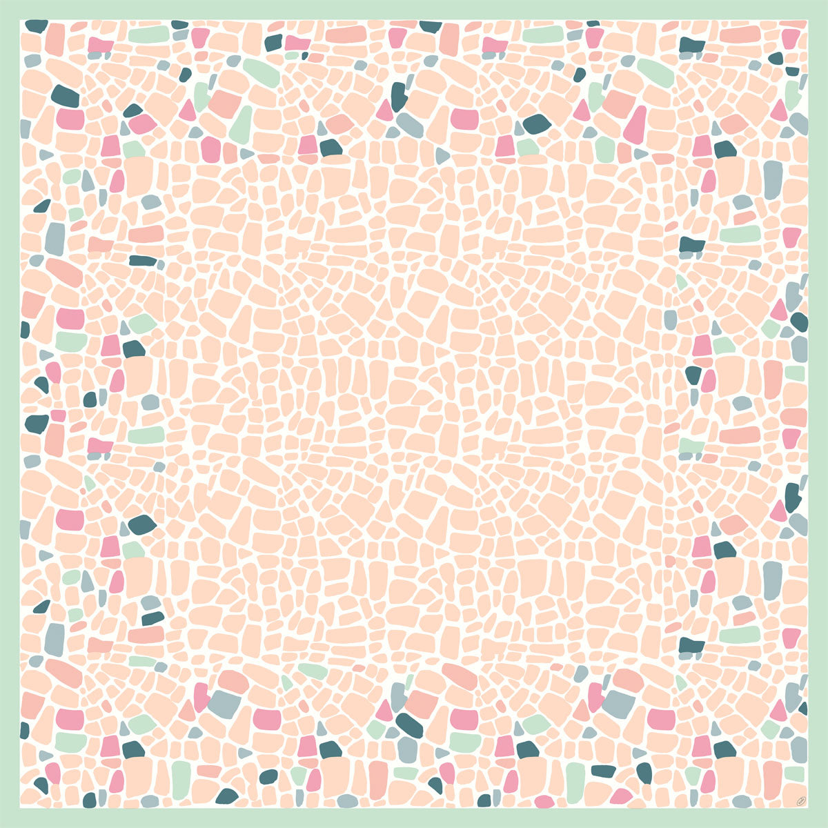 Das Dunicel-Mitteld.84x84cm Ocean Pebbles 20P. der Duni GmbH zeigt ein mosaikartiges Fliesenmuster in Pfirsich, Pink, Teal und Mintgrün, das einen quadratischen Rahmen mit einem hellen Zentrum und einem bunten Rand bildet - ideal für den gedeckten Tisch (Packung mit 20 Stück).