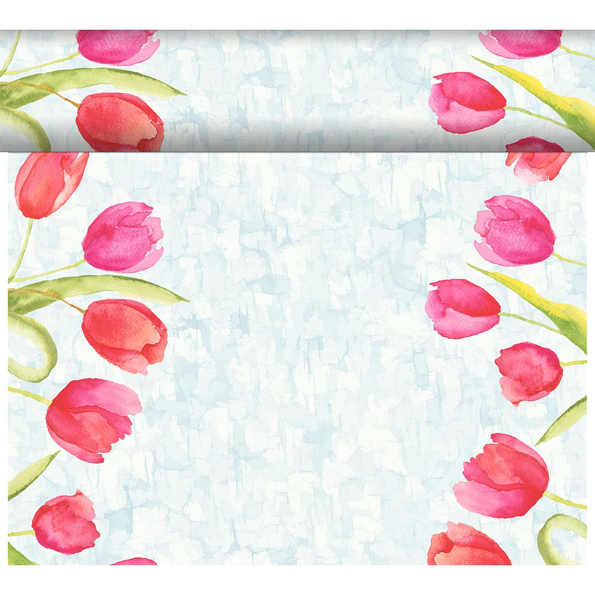 Eine aquarellartige Bordüre mit rosa und roten Tulpen, grünen Blättern und einem strukturierten blauen Hintergrund umrahmt eine offene Mitte - perfekt, um Ihr Duni GmbH DC-Tete a Tete 0,4x24m zu präsentieren.