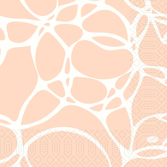Die Servietten Serv.33x33 3lg 1/4 Ocean Pink 50P. von Duni GmbH zeigen unregelmäßige weiße, organische Formen auf einem sanften pfirsichfarbenen Hintergrund mit gepunkteten und gestrichelten Akzenten für einen mehrschichtigen, strukturierten Look. Die Packung enthält 50 dreilagige Servietten (33x33 cm).