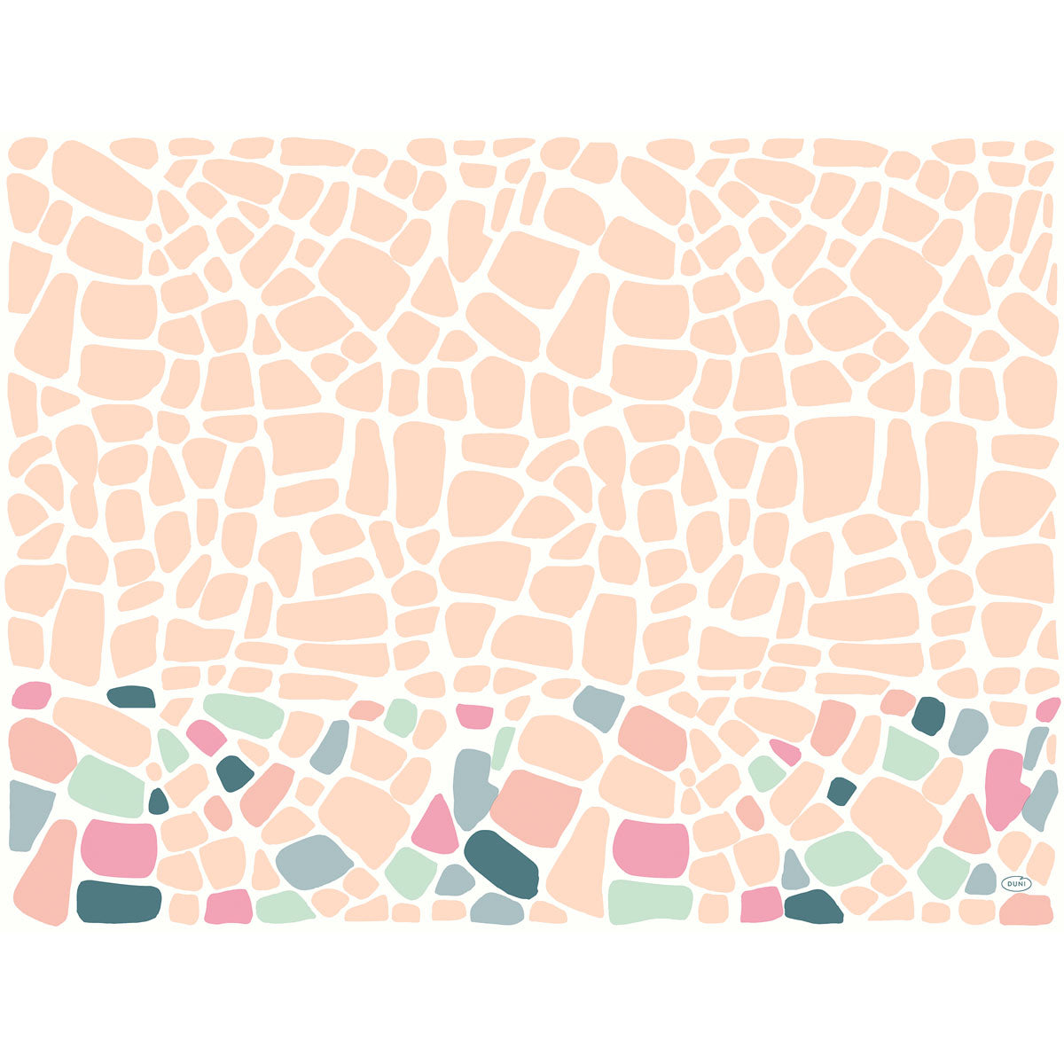 Die Bio-Dunicel-Sets 30x40 Ocean Pebbles der Duni GmbH bestehen aus unregelmäßigen, kieselsteinförmigen Blöcken in hellem Pfirsich mit einer Ansammlung von bunten rosa, blauen und grünen Blöcken, die sich in der unteren linken Ecke konzentrieren. Die Packung enthält 100 Stück.