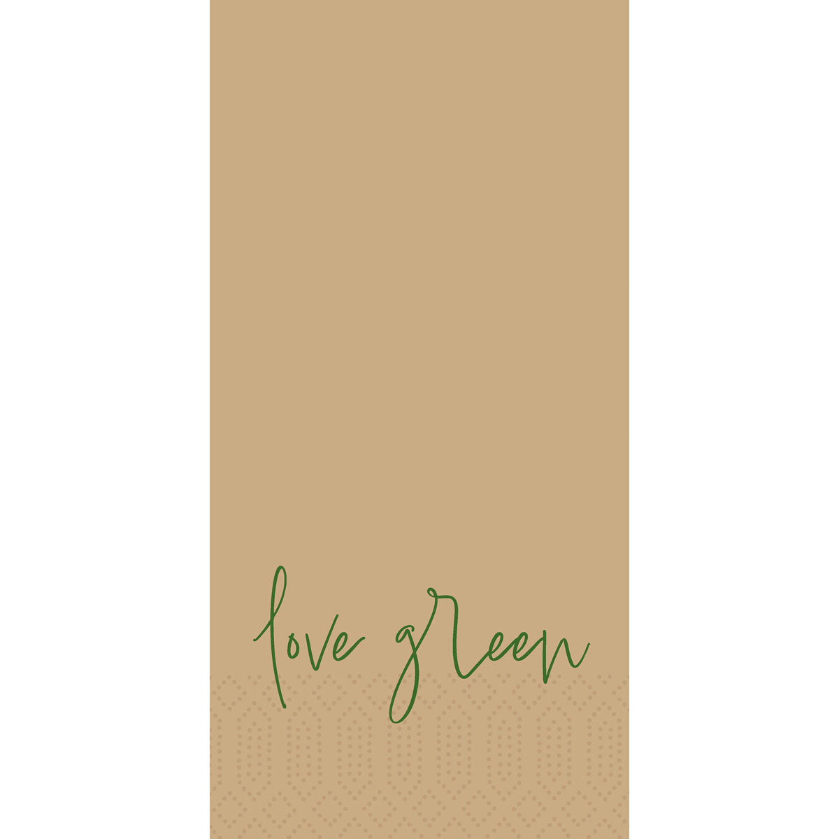 Der hellbraune Hintergrund ist am unteren Rand mit einem dezenten Punktmuster versehen. Der Schriftzug "love green" in grüner Schreibschrift in der Mitte des Bodens verleiht der Love Green 53057 | Packung (300 Stück) von Duni GmbH eine charmante Note - ideal für nachhaltiges Partygeschirr.