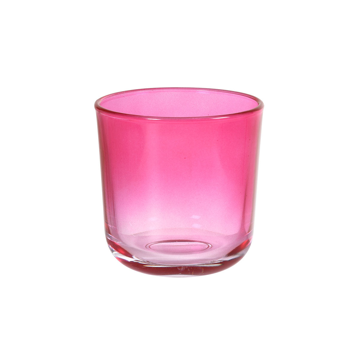 Der Ouri 81 x Ø 72,5 mm fuchsia Becher von Duni GmbH (Glas 66160) ist ein transparentes, zylindrisches Glas mit einem dicken Boden, abgebildet auf weißem Hintergrund. Packung: 1 Stück.
