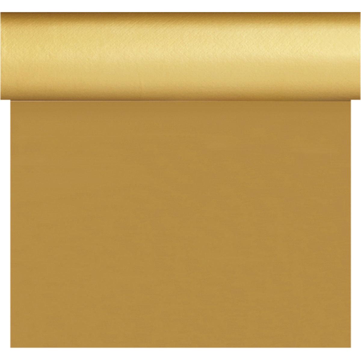 Das Dunisilk-Tete a Tete 0,4x24m gold von Duni GmbH hat eine glatte, goldglänzende Oberfläche - ideal als elegante Tischdekoration oder stilvoller Tischläufer für Ihren festlichen Rahmen. Die Packung enthält 1 Stück.