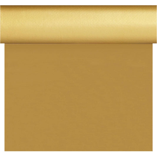 Das Dunisilk-Tete a Tete 0,4x24m gold von Duni GmbH hat eine glatte, goldglänzende Oberfläche - ideal als elegante Tischdekoration oder stilvoller Tischläufer für Ihren festlichen Rahmen. Die Packung enthält 1 Stück.