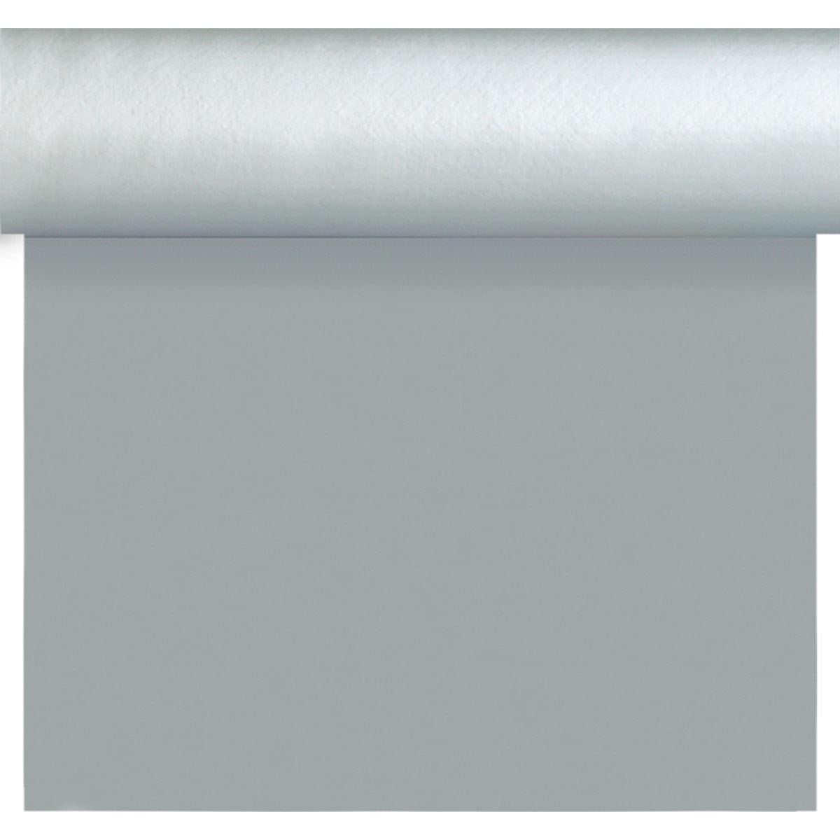 Eine Rolle Dunisilk-Tete a Tete 0,4x24m silber von Duni GmbH liegt teilweise ausgerollt auf einer Fläche, deren Oberkante sichtbar ist - ideal für elegante Tischdekoration. Die Packung enthält 1 Stück.