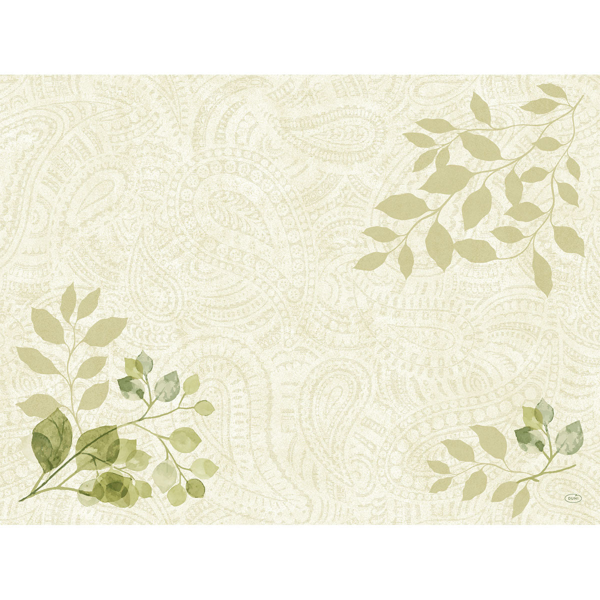 Ein hellbeiger Hintergrund mit dezenten Paisley-Blättern in Grün und gedecktem Oliv ziert das Bio-Dunicel-Sets 30x40 von Duni GmbH (Packung 100 Stück), ein biologisch abbaubares Tischset im botanischen Design.