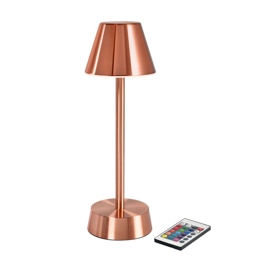 Die ZELDA rose gold kabellose LED-Lampe von Duni GmbH hat eine Kupferoberfläche, einen konischen Schirm, einen zylindrischen Sockel und wird mit einer rechteckigen Fernbedienung mit farbigen Tasten geliefert. Packung: 1 Stück.