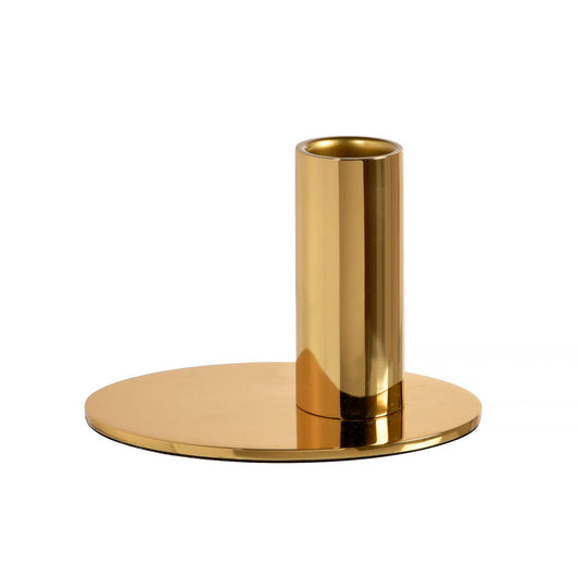 Der Duni GmbH Kerzenhalter Metall, 10,7x7,7cm Tide (1 Stück) in Gold besticht durch ein zylindrisches Design auf rundem Fuß - ideal für elegante Tischdekoration. Produkt vor neutralem, weißem Hintergrund abgebildet.