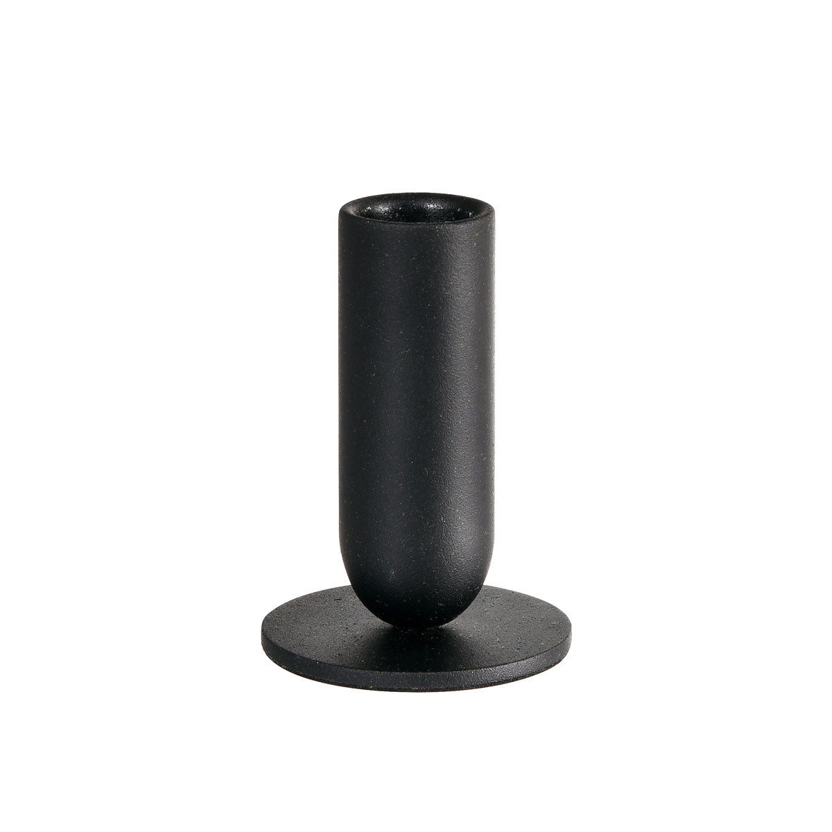 Der Kerzenhalter Metall, 5,7x8cm Totem von Duni GmbH hat ein schwarzes, zylindrisches Design mit einem runden, flachen Sockel, der ihn zu einem stilvollen Dekorationselement für jeden Raum macht.