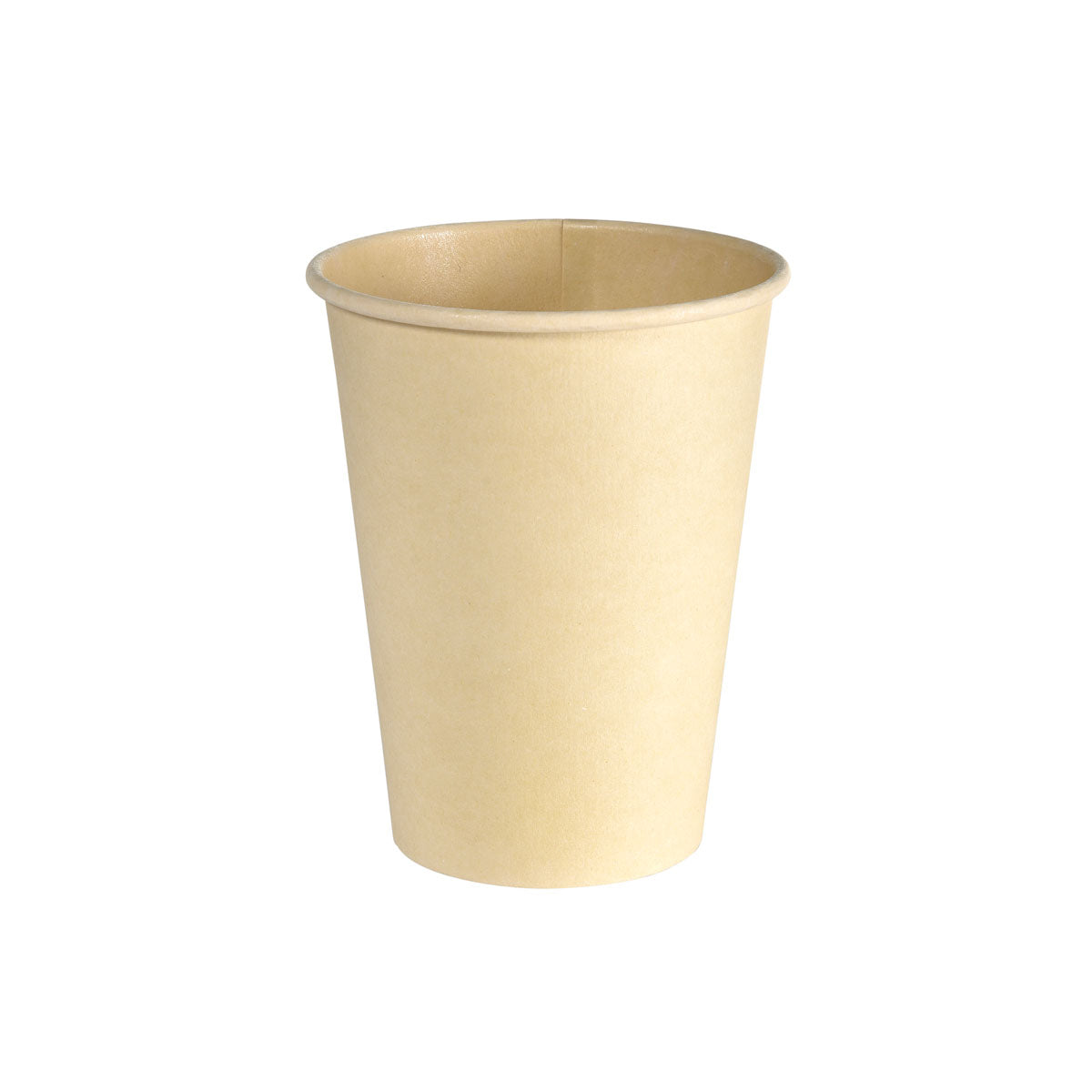 Der Kaffeebecher Sweet 350 ml von Duni GmbH aus bedruckter Bagasse wird vor weißem Hintergrund gezeigt. Der umweltfreundliche Becher hat eine glatte Oberfläche und leicht ausgestellten Rand; die Packung enthält 50 Stück.