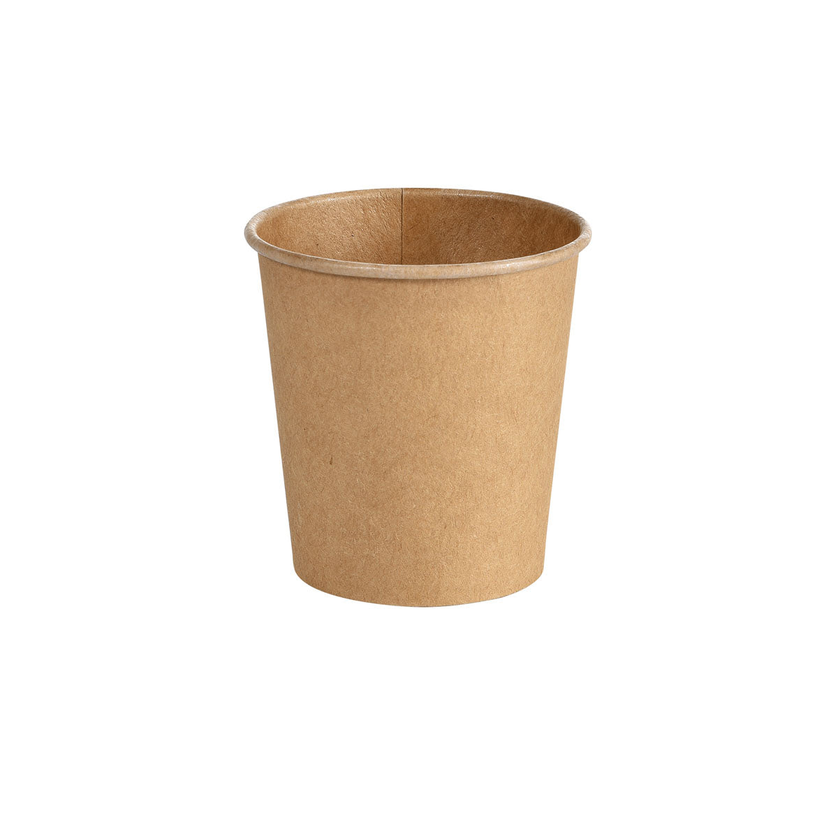 Der Becher für Spender 120ml von Duni GmbH aus braunem PAP/WBC wird leer und zylindrisch mit gerolltem Rand vor weißem Hintergrund gezeigt. Die Packung enthält 50 umweltfreundliche Becher.