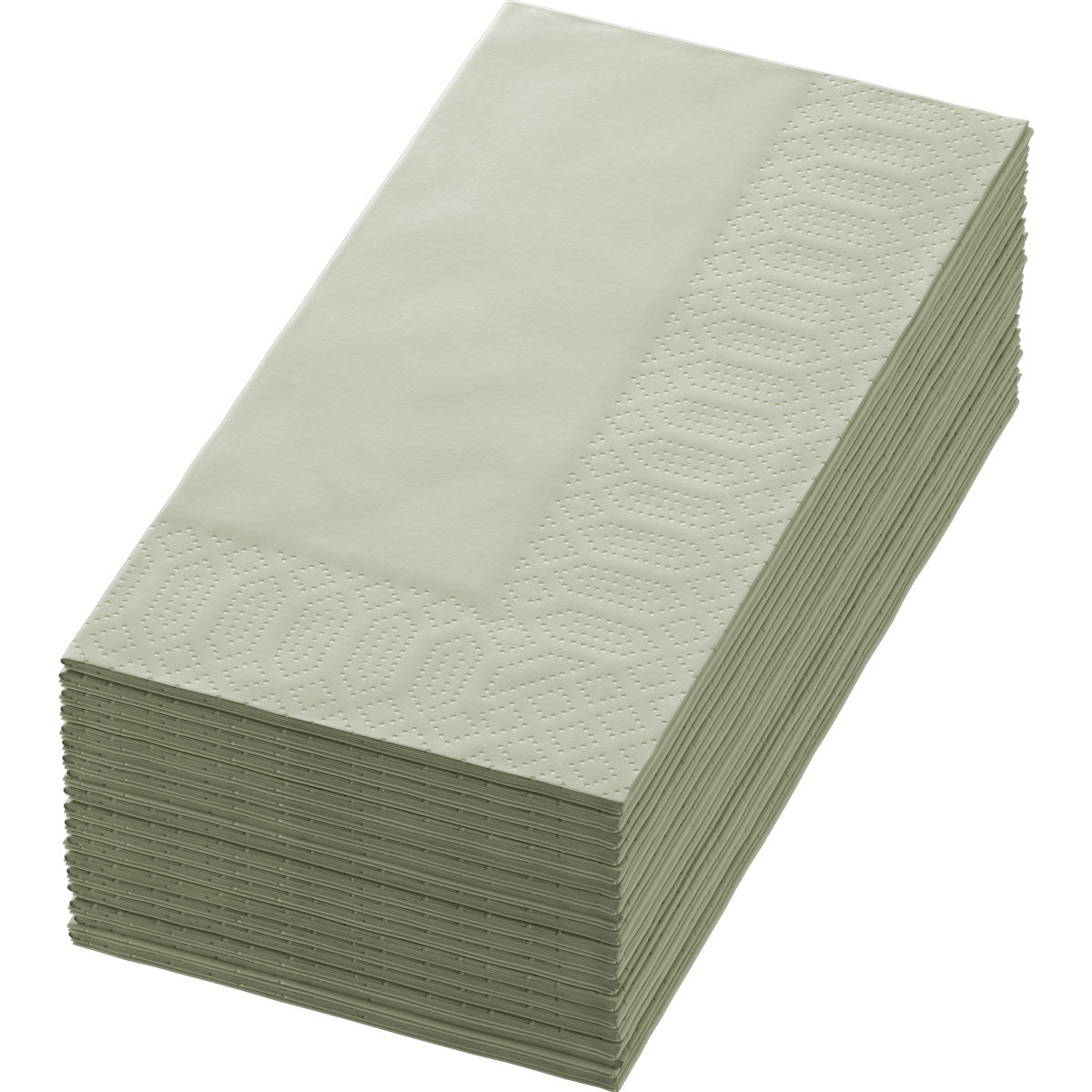 Ein Stapel Duni GmbH Zellt.Serv. 40x40 cm, 3-lagige Servietten in Pistaziengrün mit geprägtem Rand, 1/8 Falz, Packung mit 250 Stück.