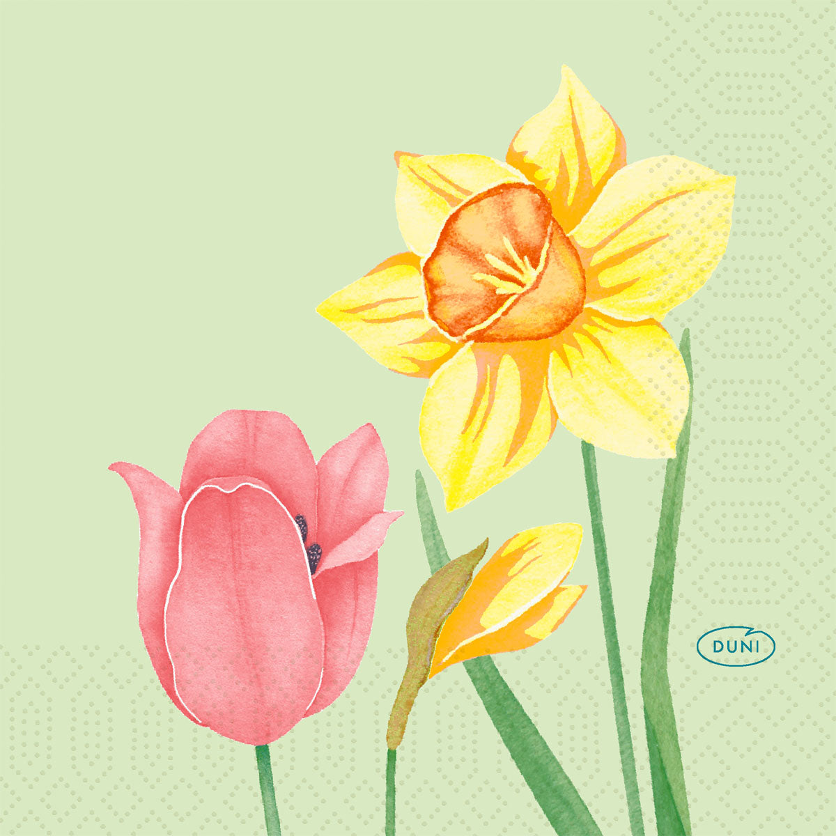 Ein Aquarell einer rosa Tulpe und zweier gelber Narzissen ziert die Serviette, 24x24 3lg 1/4 von Duni GmbH-ideal für besondere Anlässe, mit "Duni" in Blau auf hellgrünem Hintergrund.