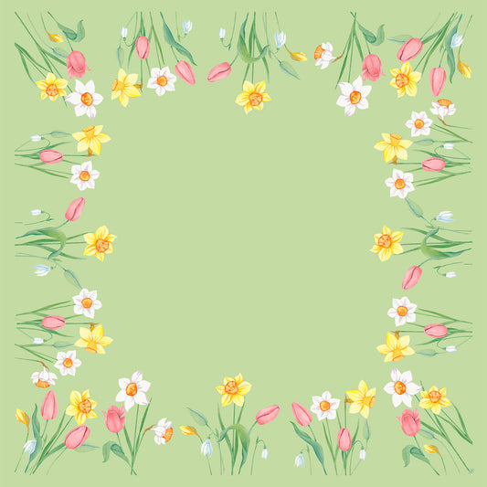 Ein quadratischer grüner Hintergrund, umrandet von Frühlingsblumen - gelbe Narzissen, rosa Tulpen, weiße Blüten - perfekt für umweltfreundliche Servietten. Ideal für das Bio-Dunicel-Mitteld der Duni GmbH. 84x84cm Frühlingsmelodie (100 Stück). Die Mitte ist frei für Ihren Text oder Ihr Logo.