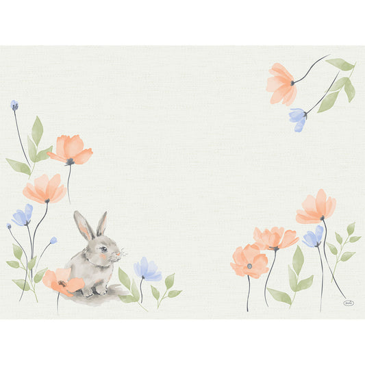Die Bio-Dunicel-Sets 30x40 Bunny Bloom der Duni GmbH zeigen einen hellen Hintergrund mit einem grauen Hasen inmitten von orangefarbenen und blauen Blumen mit grünen Blättern, sowie zusätzliche florale Akzente in den rechten oberen und unteren Ecken. Packung mit 100 Stück.