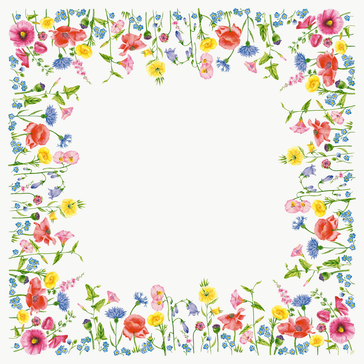 Ein weißer, quadratischer Rahmen, umrahmt von leuchtenden Aquarellblumen und grünen Blättern, erinnert an das elegante, biologisch abbaubare Bio-Dunicel-Mitteld. 84x84cm Flowy Meadow von Duni GmbH-perfekt für Tischdekoration. Die Mitte bleibt frei für Ihre Gestaltung.