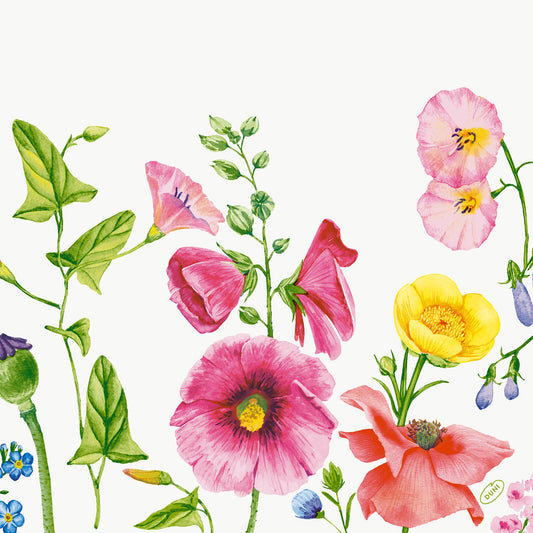 Bunte Blumen und grüne Blätter bilden ein klassisches Wiesenmuster auf weißem Grund, das auf den Serv.40x40 4lg Klassik Flowy Meadow Servietten (Packung, 50 Stück) der Duni GmbH abgebildet ist.