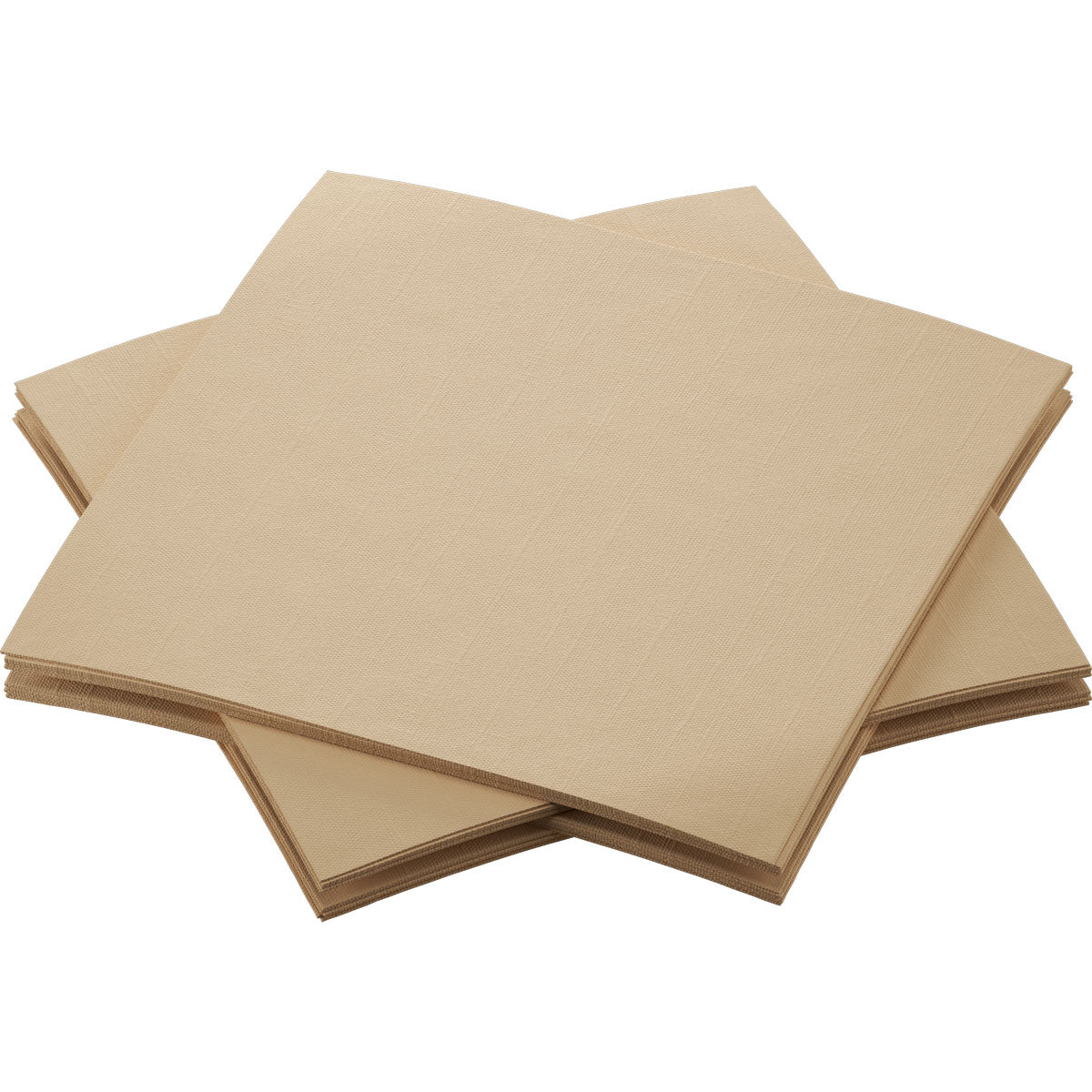 Vier Stapel der Duni GmbH Bio-Dunisoft-Serv. 20x20cm braune, quadratische Servietten sind überlappend auf weißem Hintergrund. Diese biologisch abbaubaren, umweltfreundlichen Servietten sind glatt und unstrukturiert.