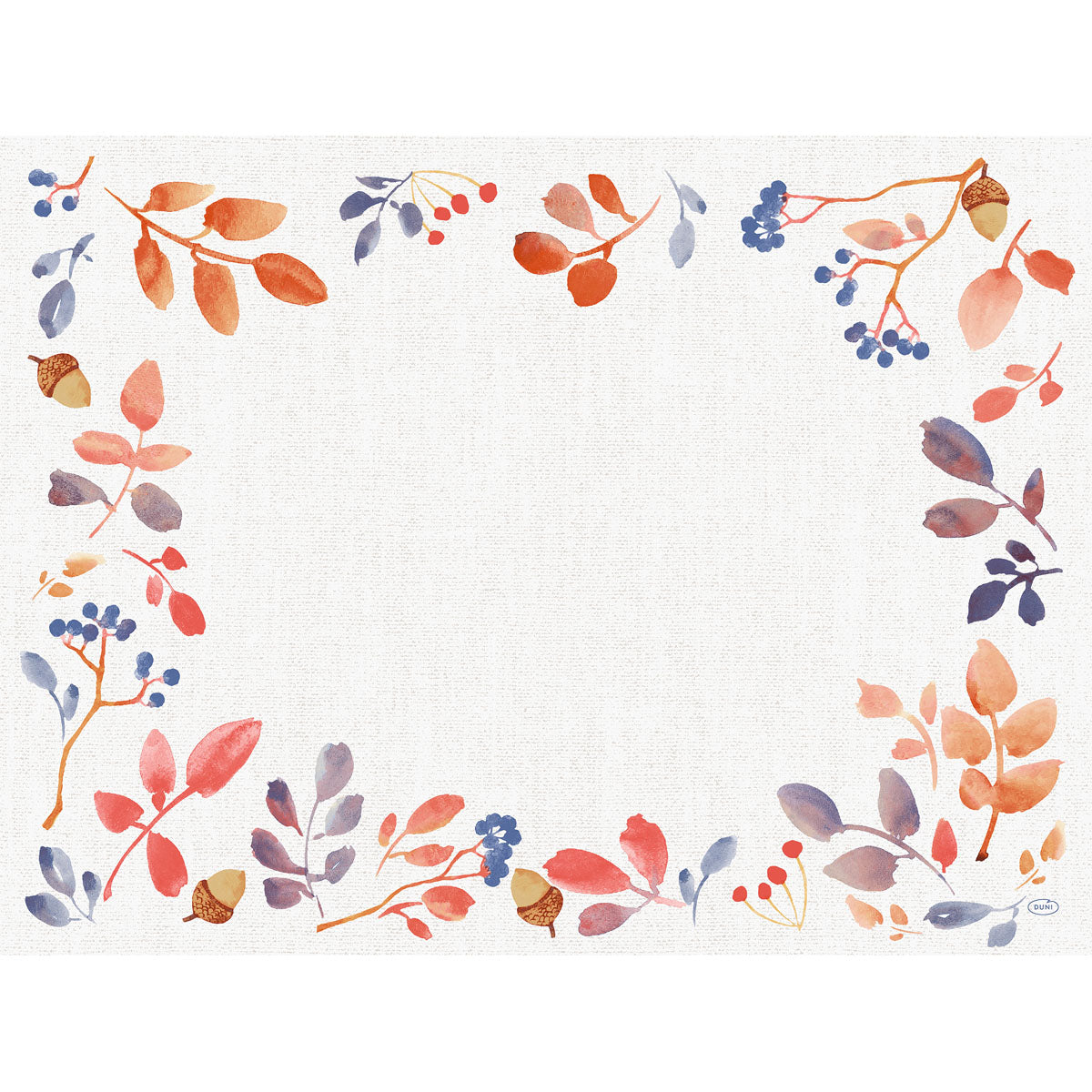 Ein rechteckiger weißer Hintergrund, umrahmt von aquarellartigen Herbstblättern, Beeren und Eicheln, bildet den Mittelpunkt - ideal für die Duni GmbH Bio-Dunicel-Sets 30x40 Autumn Gradient (Packung mit 100 Stück). Der mittlere Bereich ist frei gelassen.