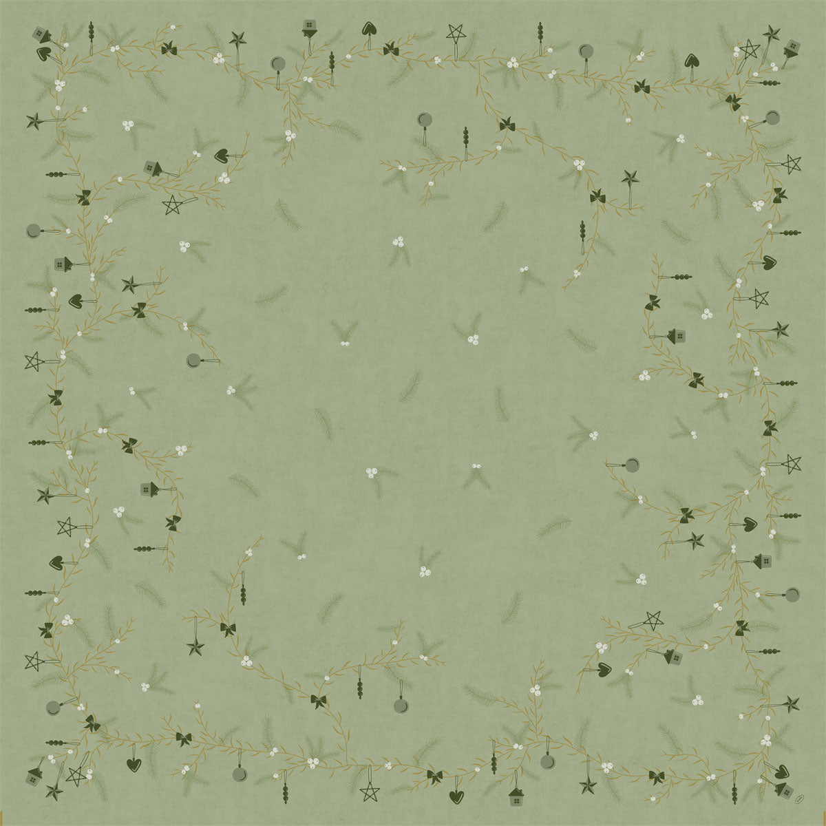 Hellgrüne quadratische Bio-Dunicel-Mitteldecke 84x84cm Noel pistazie von Duni GmbH, mit goldener Zweigbordüre, weißen Blüten, grünen Ornamenten und zarten Blättern - ideal für eine umweltfreundliche weihnachtliche Tischdekoration. Packung mit 20 Stück.