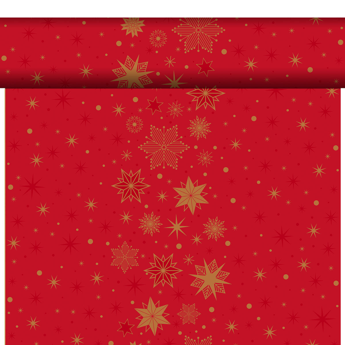 Das Bio-Dunicel-Tete a Tete 0,4x24m von Duni GmbH zeigt goldene Schneeflocken und Sterne auf Rot, ideal für einen festlichen Look oder als umweltfreundliche Tischdecke für Ihre nachhaltige Tischdekoration.