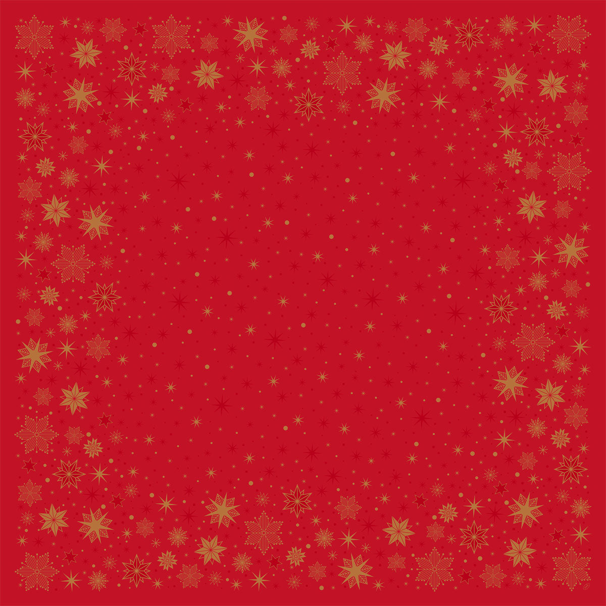 Die Bio-Dunicel-Mitteldecke 84x84cm Stargazing red von Duni GmbH hat einen roten Hintergrund mit goldenen Schneeflocken- und Sternenbordüren, die für einen festlichen Weihnachtslook sorgen. Die Packung enthält 20 nachhaltige Tischdecken für charmante Feste.