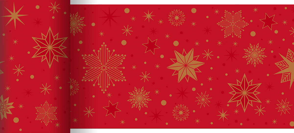 Eine Rolle rotes Geschenkpapier mit goldenen Schneeflocken, Sternen und Punkten. Kombinieren Sie es mit dem Duni GmbH Bio-Dunicel Tischläufer 0,15x20m Stargazing für einen festlich und umweltbewusst gedeckten Weihnachtstisch.