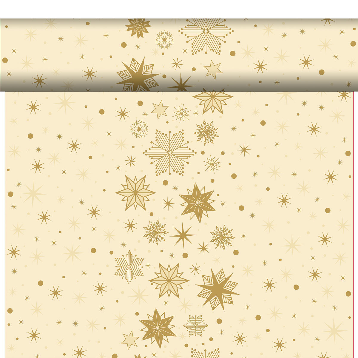 Das Bio-Dunicel-Tete a Tete 0,4x24m von Duni GmbH ist ein cremefarbenes, umweltfreundliches Papier mit goldenen Schneeflocken, Sternen und Punkten - ideal für nachhaltige Tischdekoration. Teilweise ausgerollt, entfaltet es seinen festlichen Charme.