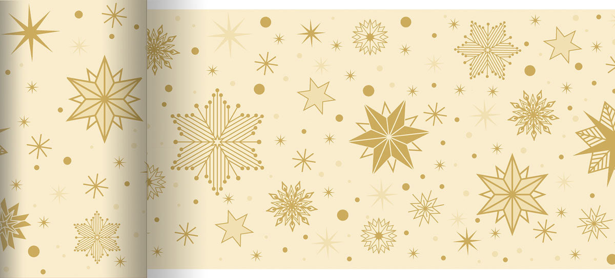 Der Bio-Dunicel Tischläufer 0,15x20m Stargazing von Duni GmbH ist ein beiger, umweltfreundlicher Tischläufer mit goldenen Sternen, Schneeflocken und Punkten - perfekt für nachhaltige Feste.