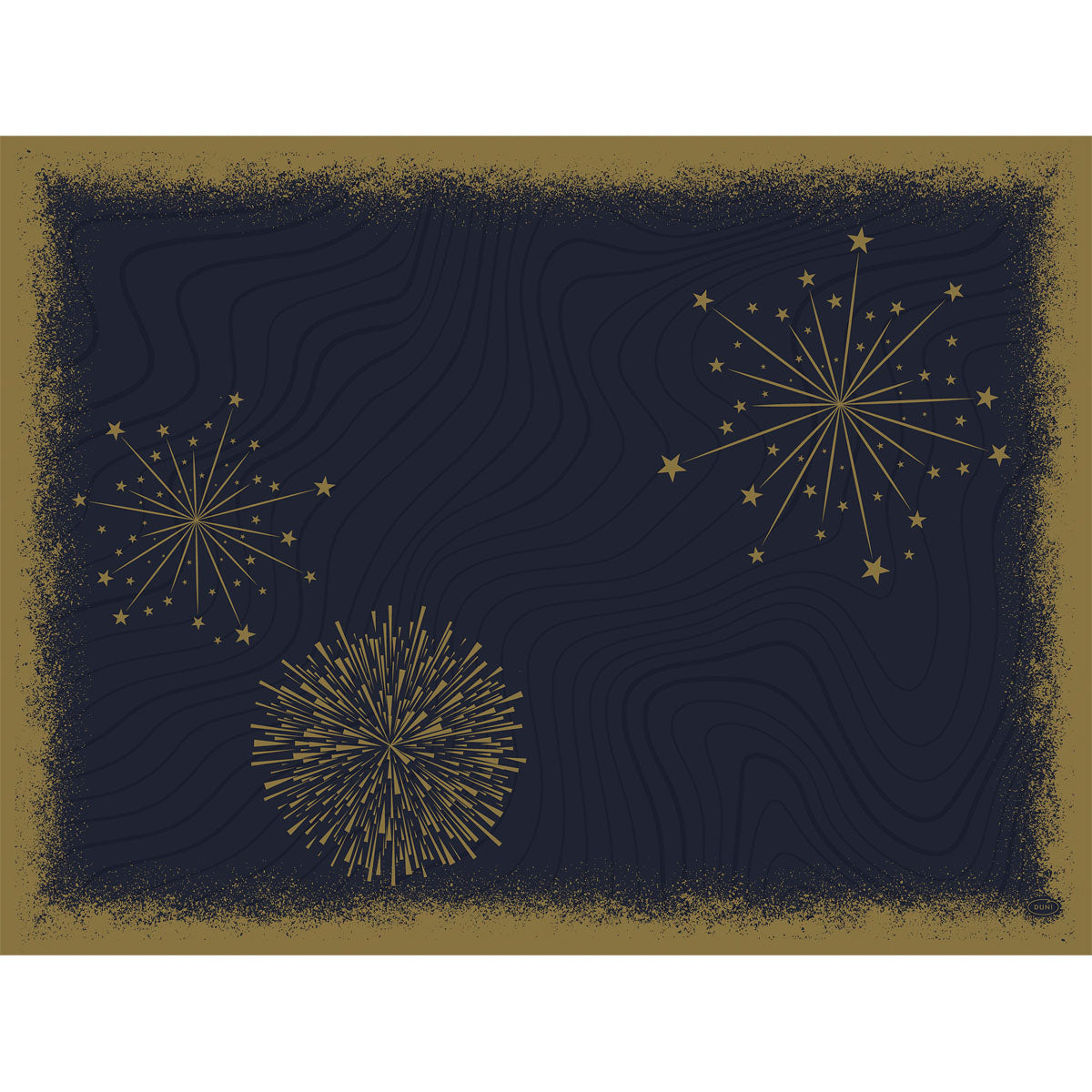 Ein dunkelblauer Hintergrund mit abstrakten Feuerwerks- und Sternenmustern in Gold, umrahmt von einem strukturierten Goldrahmen. Inspiriert von den Bio-Dunicel-Sets 30x40 Sparkly black (100 Stück) der Duni GmbH, perfekt für einen eleganten, festlich gedeckten Tisch.