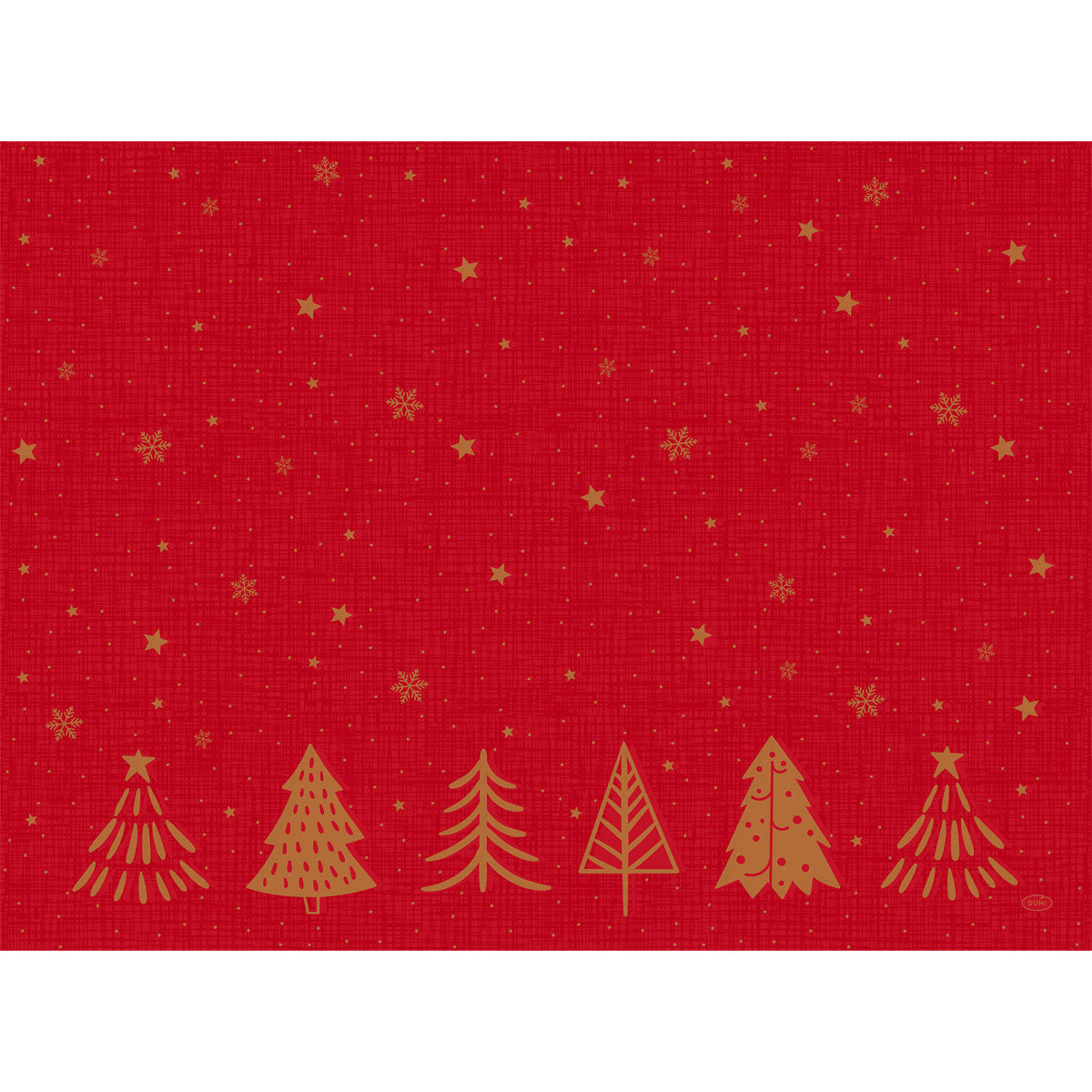Ein festlicher roter Hintergrund mit goldenen Sternen, Schneeflocken und sechs goldenen Bäumen im Shimmer Trees Design - perfekt für die Bio-Dunicel-Sets 30x40 Shimmer Trees | Packung (100 Stück) der Duni GmbH.