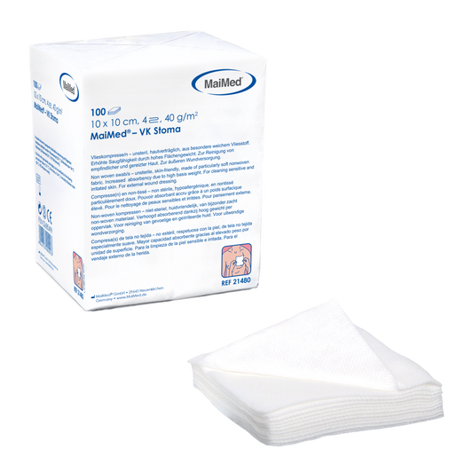 MaiMed-VK-Stoma-non-sterile 10x10cm 4-fold, 40g fleece compresses of 100 pieces/paper bag | Pack (100 pieces)