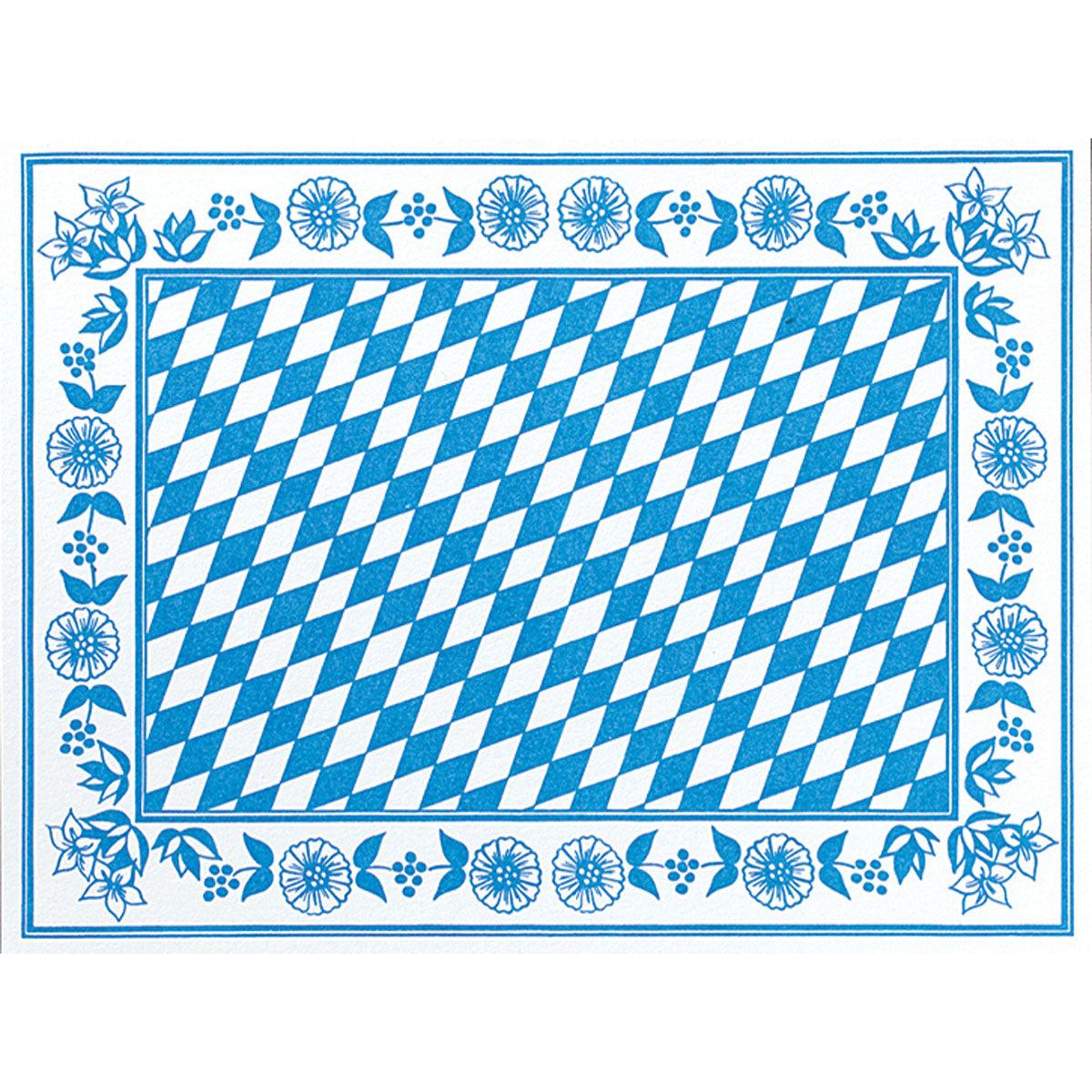 Die Dunicel-Tischsets 30 x 40 cm Bayer. Raute von Duni GmbH zeichnen sich durch eine florale Bordüre und ein blau-weißes Rautenmuster aus, ideal für eine stilvolle Tischdekoration. Jede Packung enthält 100 elegante, geometrische Tischsets, perfekt für jeden Anlass.