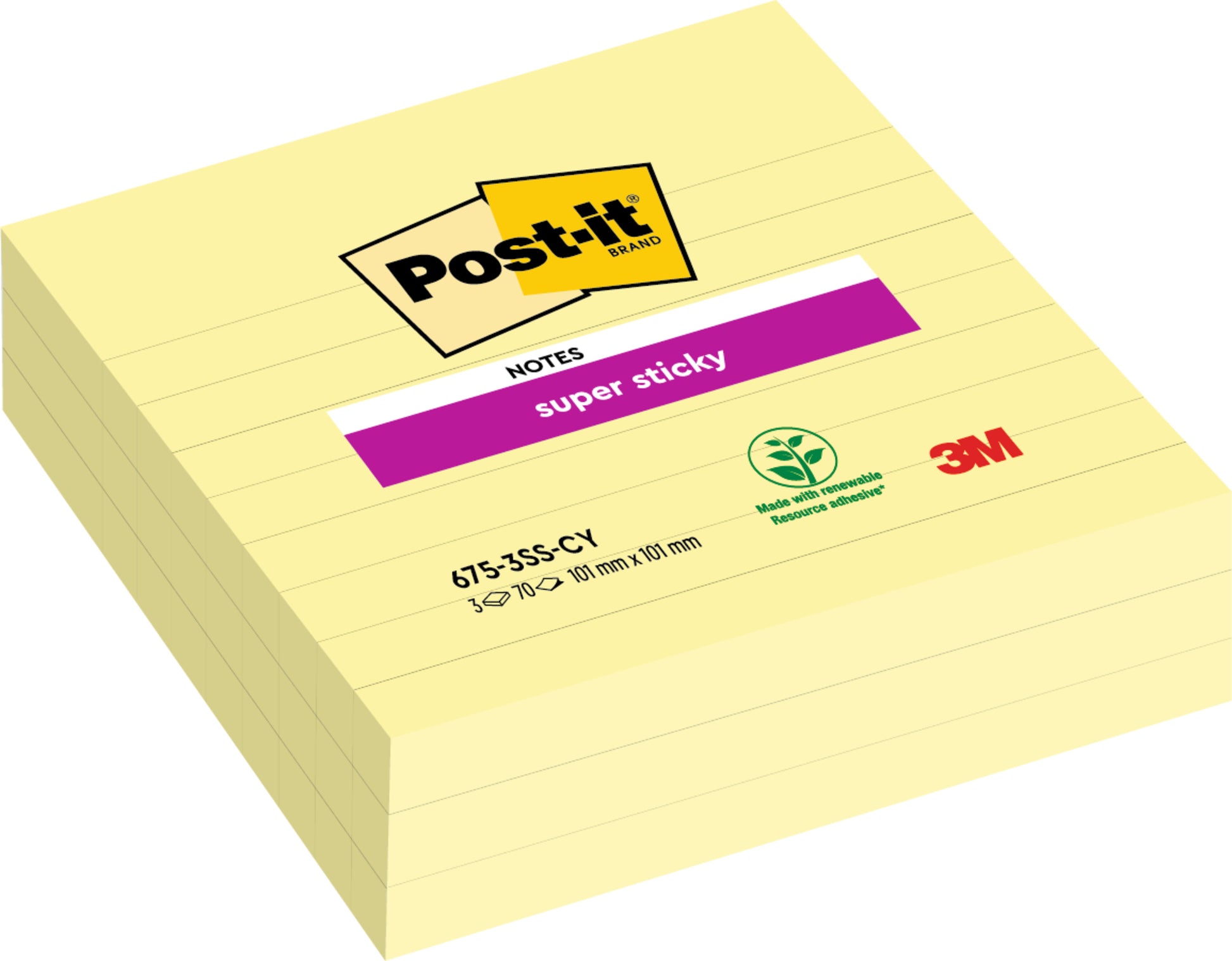 Ein Stapel großer, gelber Post-it® Super Sticky Notes von 3M Deutschland GmbH (101 mm x 101 mm, 70 Blatt/Block), gekennzeichnet mit 100% PEFC. Mit violettem "Super Sticky"-Etikett und aus zertifiziertem Recyclingpapier hergestellt.