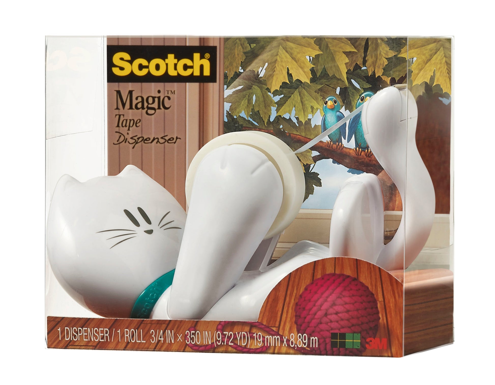 Der Scotch™ Tischabroller im Katzen Design C39 von 3M Deutschland GmbH ist ein weißer, katzenförmiger Klebebandabroller mit Scotch® Magic™ unsichtbarem Klebeband (19 mm x 8,89 m, 1 Rolle), dessen Verpackung mit blauen Vögeln und einer Garnillustration versehen ist.