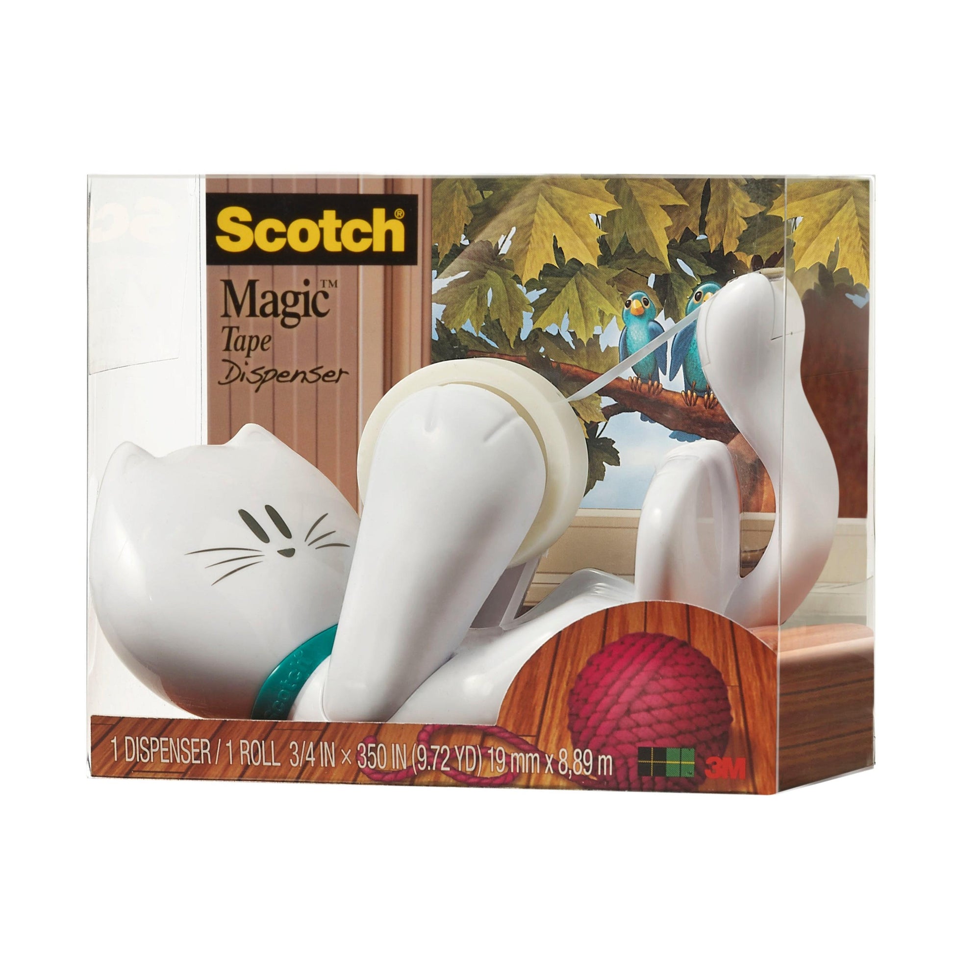 Der Scotch™ Tischabroller im Katzen Design C39 von 3M Deutschland GmbH ist ein weißer, katzenförmiger Klebebandabroller mit Scotch® Magic™ unsichtbarem Klebeband (19 mm x 8,89 m, 1 Rolle), dessen Verpackung mit blauen Vögeln und einer Garnillustration versehen ist.