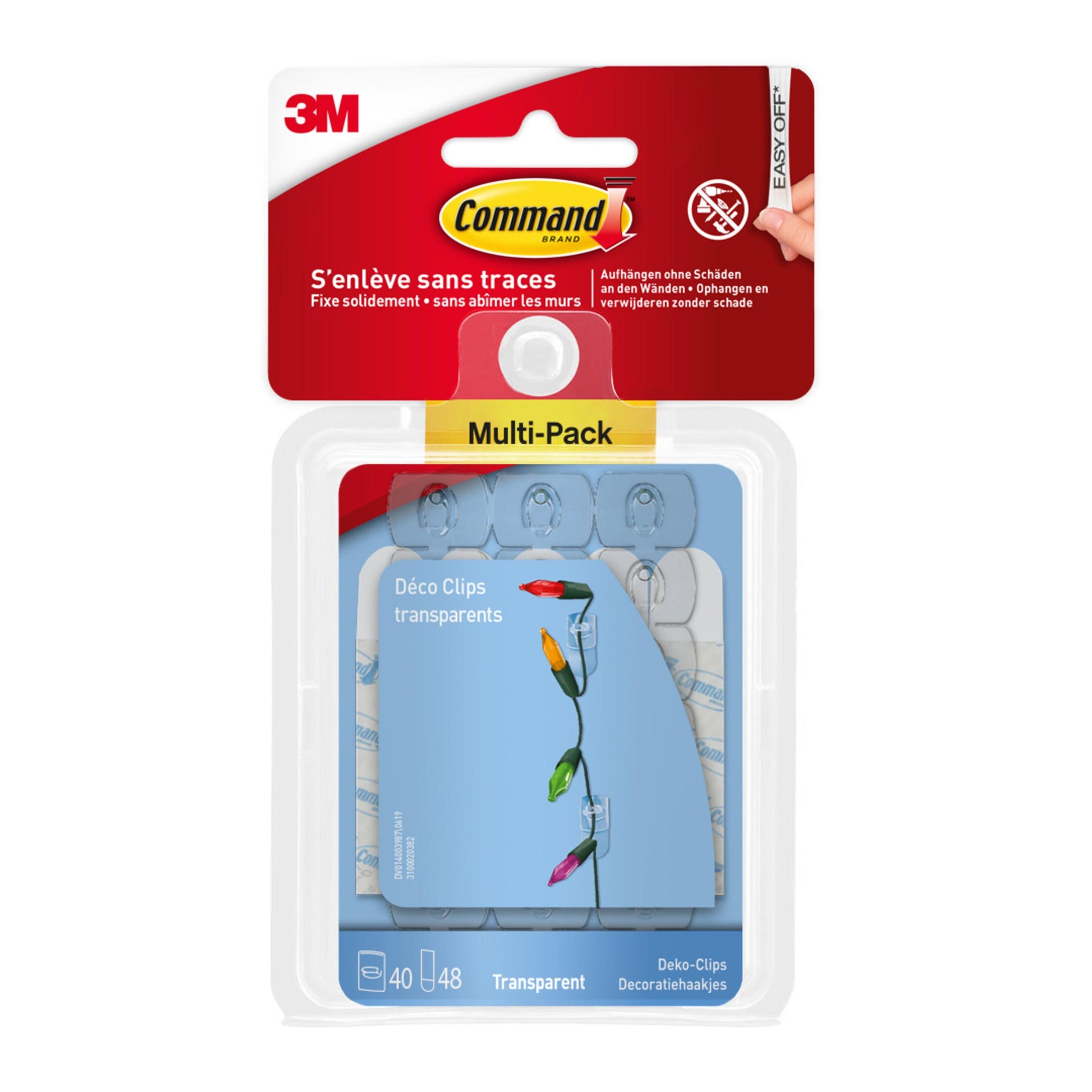 Ein Multipack mit 40 Command™ Dekorations-Clips, transparent mit 48 Klebestreifen von 3M Deutschland GmbH, zum beschädigungsfreien Aufhängen. Die Verpackung enthält englischen, französischen und deutschen Text.
