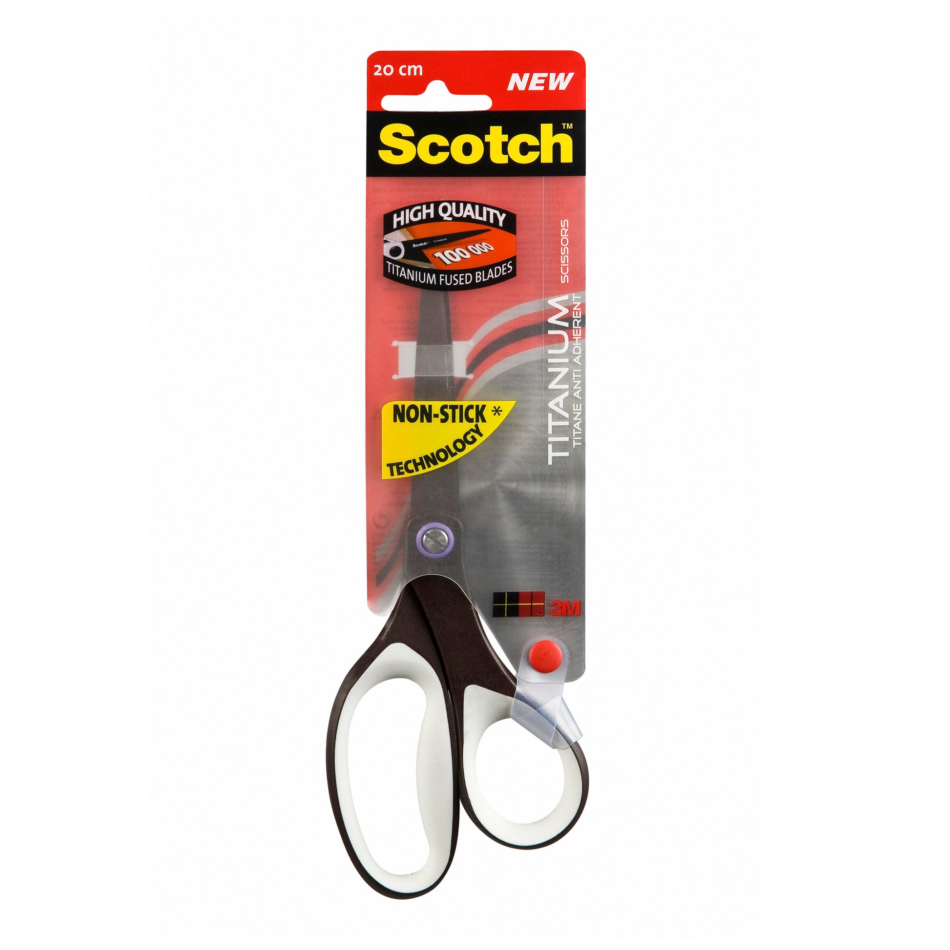 Ein Paar 20 cm lange Scotch™ Titanschere von 3M Deutschland GmbH, mit titanbeschichteten, antihaftbeschichteten Klingen und schwarz-weißen Griffen. Kommt in grauer Originalverpackung mit roten, schwarzen und gelben Akzenten.