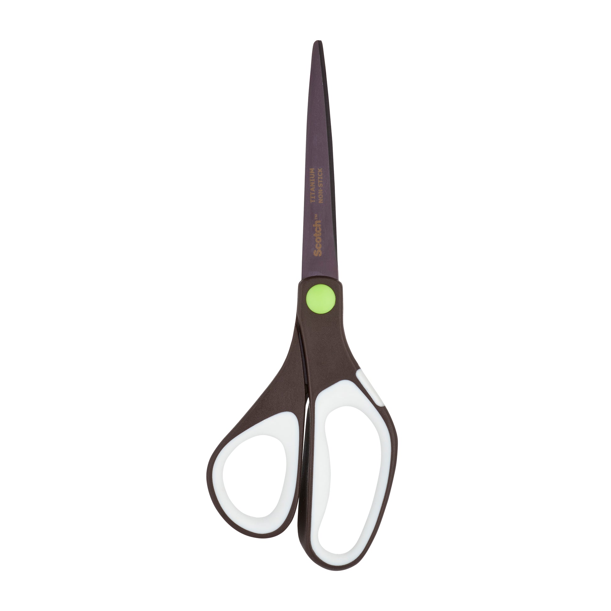 Die Scotch™ Titanschere, 20 cm von 3M Deutschland GmbH ist eine schwarze Schere mit weißen und grünen Akzenten, spitzer Spitze und ergonomischen Griffen auf weißem Hintergrund.