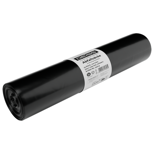 Die DEISS 25024 Müllsäcke (700x1100 mm, Typ 60, schwarz, 25 Stück/Rolle) von EMIL DEISS KG (GmbH + Co.) mit weißem Etikett und Entsorgungssymbolen - ideal als reißfeste Abfallbeutel auf weißem Hintergrund.