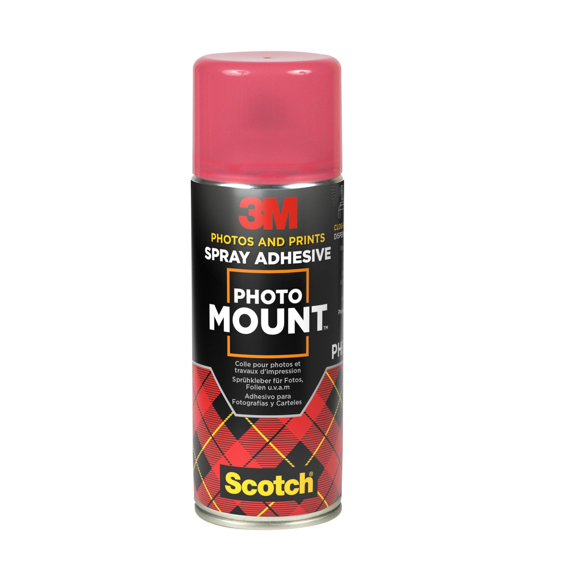 Eine 400-ml-Dose 3M™ Scotch® PhotoMount™ Klebespray von 3M Deutschland GmbH mit roter Kappe, rot-gelb kariertem Design am Boden und dem Scotch-Logo am Boden. Verkauft als 1 Dose pro Packung.
