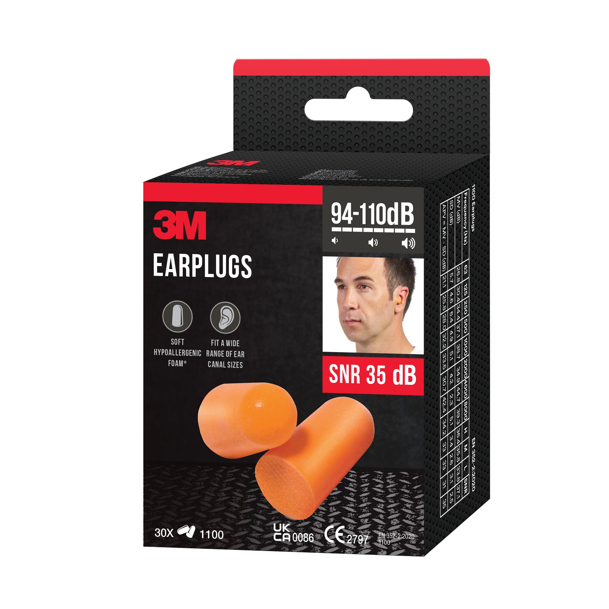 Abgebildet ist eine Schachtel 3M™ Gehörschutzstöpsel 1100 der 3M Deutschland GmbH. Die Gehörschutzstöpsel aus weichem Schaumstoff sind orange, hypoallergen, passen auf verschiedene Ohrgrößen und bieten SNR 35 dB Schutz für Lärmpegel von 94-110 dB.