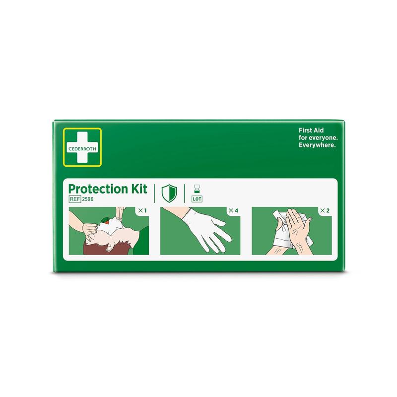 Eine grüne Schachtel mit der Aufschrift "Schutzset" von Orkla Wound Care AB enthält eine Gesichtsmaske mit Ventil, vier Handschuhe und Hinweise auf einen Sicherheits-Hautreiniger. Der Text lautet: "Erste Hilfe für alle. Everywhere." Die Packung enthält 1 Stück.