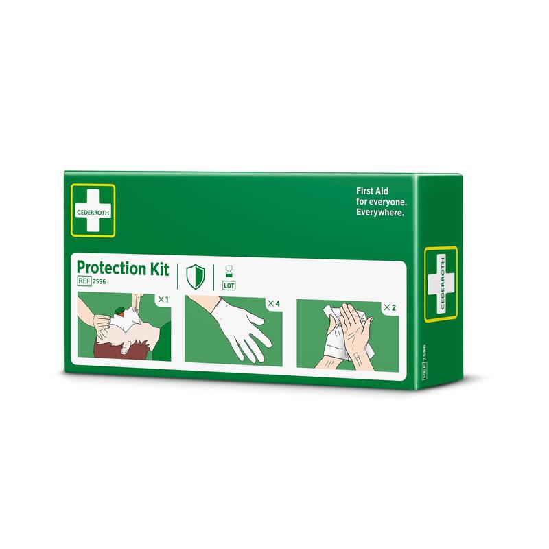Ein grüner Schutzset-Kasten von Orkla Wound Care AB mit drei Symbolen: Mund-zu-Mund-Beatmung, Handschuhgebrauch und Tuch auf der Hand. Der Text lautet "Erste Hilfe für alle. Überall." und "Schutzset". Enthält Handschuhe, Sicherheits-Hautreinigungsmittel und eine Maske mit Einwegventil.