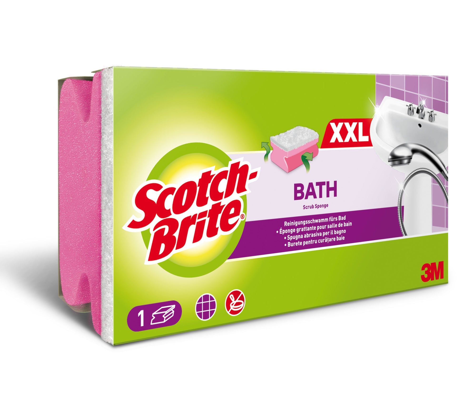 Eine rechteckige Verpackung der 3M Deutschland GmbH Scotch-Brite® Bath Griffschwamm XXL für das Bad (1 Stück) zeigt einen rosafarbenen Reinigungsschwamm und eine grüne und lila Verpackung mit Produktbildern und mehrsprachigem Text.