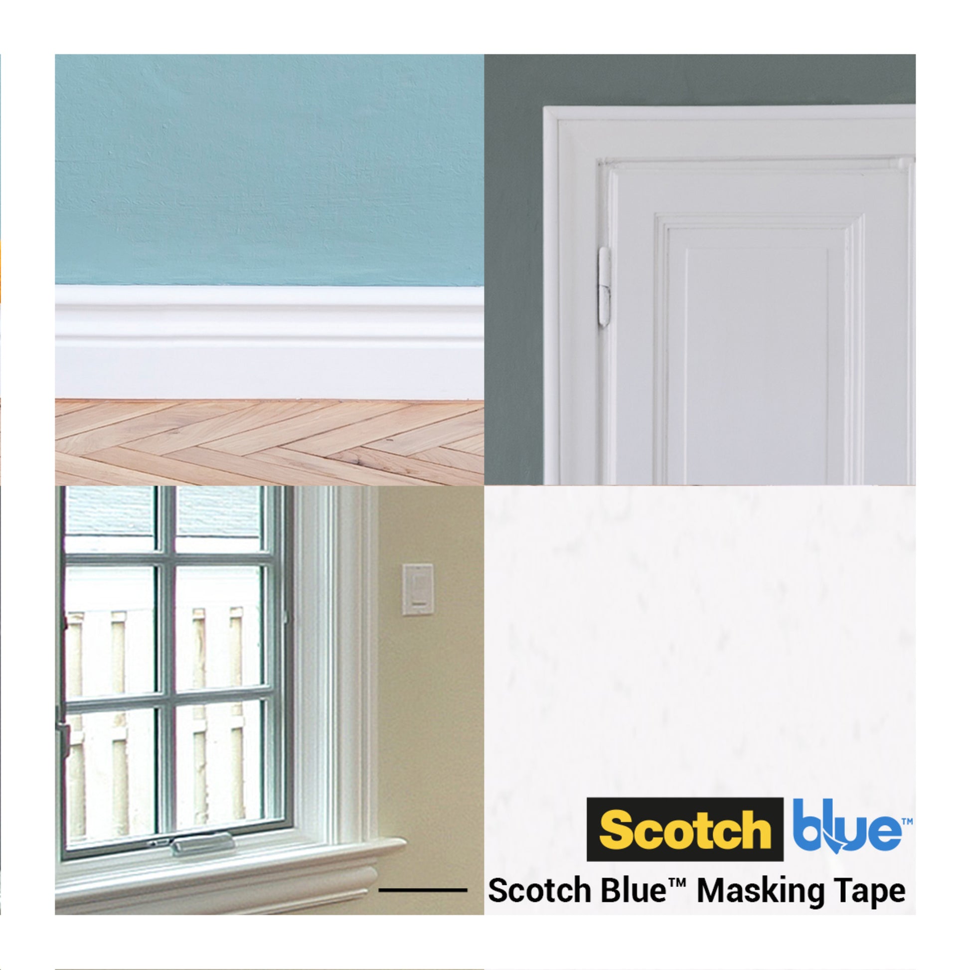 Eine Collage zeigt eine gestrichene Wand mit weißer Sockelleiste, Tür und Fenster, mit dem Logo der 3M Deutschland GmbH ScotchBlue™ Malerabdeckband für scharfe Linien in der rechten unteren Ecke.