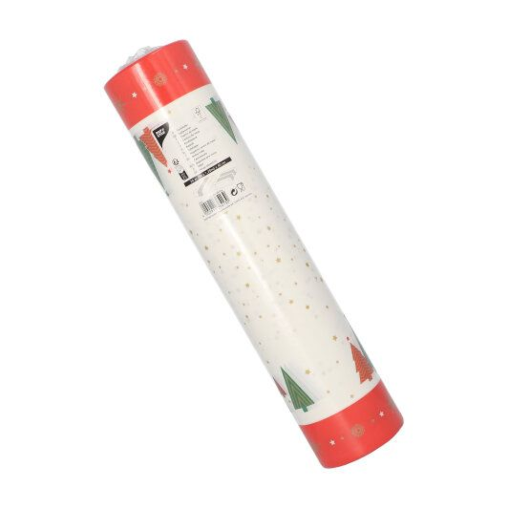 Der PAPSTAR Tischläufer stoffähnlich Airlaid in der Größe 24 m x 40 cm im Design „Weihnachtsbäume Uni“ verfügt über eine rote Bordüre mit grün-rotem Tannenbaummuster, das mit goldenen Punkten verziert ist. Diese Rolle eignet sich ideal zum Verschönern Ihrer festlichen Tischdekoration. Ein sichtbares Etikett auf der Verpackung liefert Produktinformationen und einen Barcode.